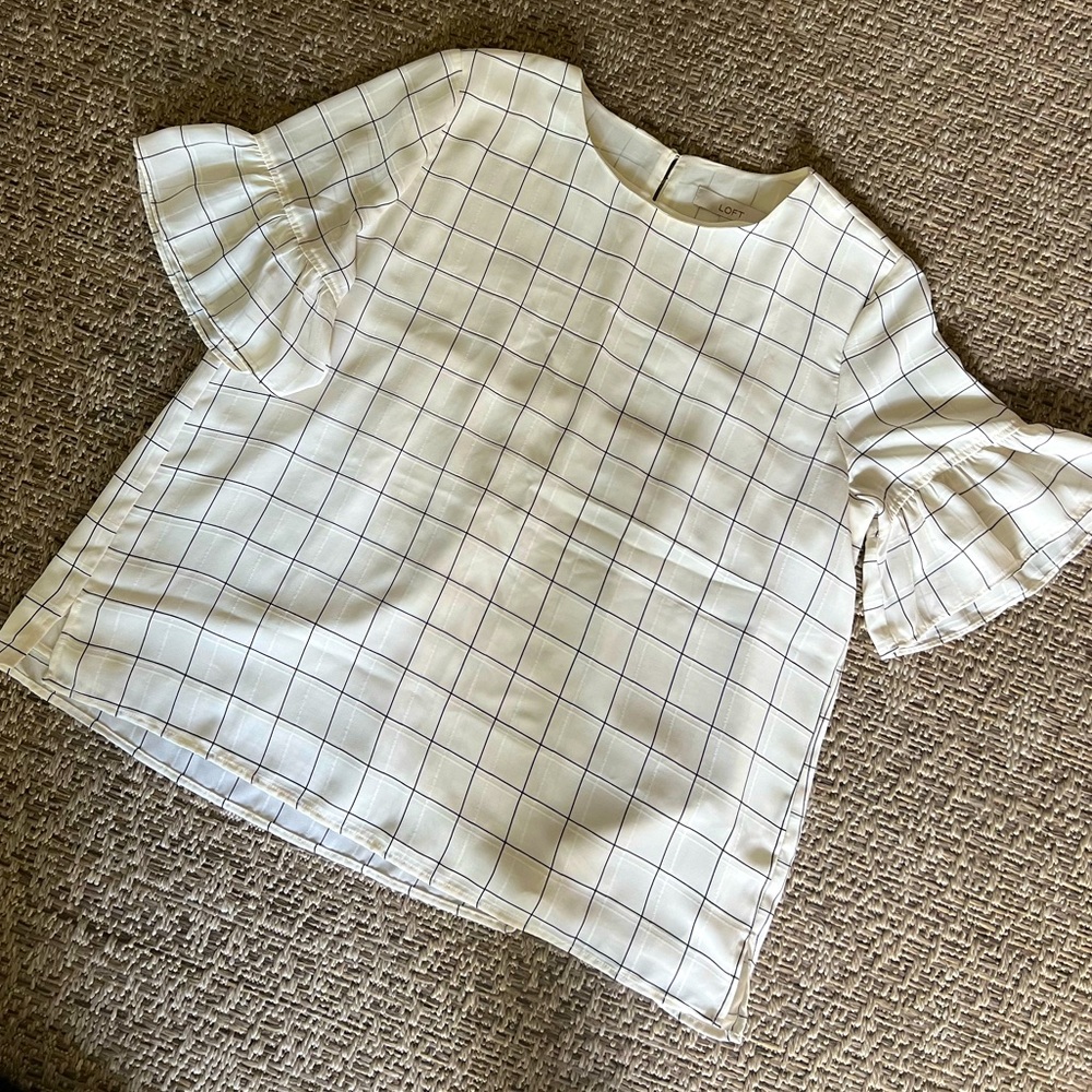 LOFT Cream and Black Windowpane Check Ruffle Sleeve Blouse - Size L